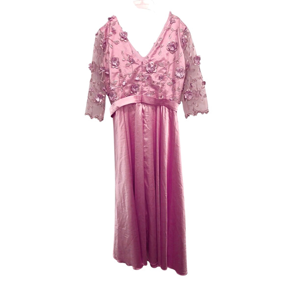 VNTG 80s Satin Dress Sz XL Pink 3D Flowers Chiffon Sleeves Fairy Princess Retro - Picture 5 of 12